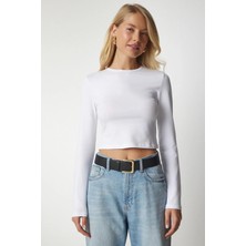 Tena Kadın Beyaz Uzun Kollu Bisiklet Yaka Crop Bluz