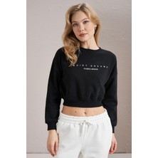 Tena Kadın Siyah Quiet Dreams Baskılı Üç Iplik Crop Sweatshirt