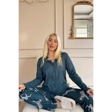 Pijama Evi Petrol Zebra Desenli Termal Önden Düğmeli Kadın Pijama Takımı