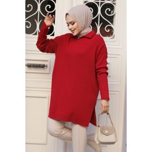 Neva Style Fitilli Kırmızı Tesettür Triko Tunik 65903K