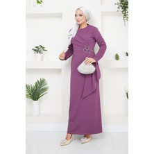 Ayşe Melek Tasarım Kadın Giyim Abiye Moda Kemeri Taşlı Asimetrik Abiye Kalem Tesettür Elbise 2580
