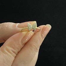 Marmori Gold Renk Çelik Kelebek Tasarımlı Zirkon Taşlı Özel Zarif Yüzük
