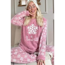 Pijama Evi Pudra Kartanesi Desenli Kadın Peluş Pijama Takımı