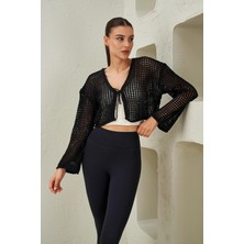 Tena Kadın Siyah Önü Bağcıklı Delikli Crop Hırka