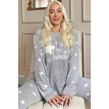 Pijama Evi Gri Hello Winter Desenli Kadın Peluş Pijama Takımı