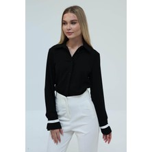 Kadın Siyah Büzgü Detaylı Crep Gömlek