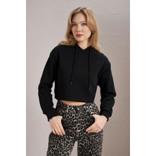 Tena Kadın Siyah Kapüşonlu Yanları Ribana Detaylı Crop Sweatshirt