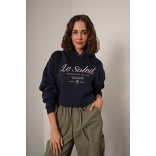 Lovely Bee Le Soleil Nakışlı Kapüşonlu Lacivert Crop Sweatshirt