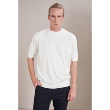 Tena Erkek Ekru Dik Yaka Etek Ucu ve Kolları Ribanalı Triko Tişört