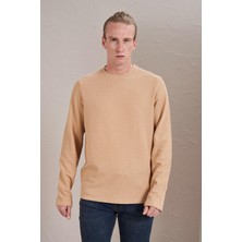 Erkek Bej Bisiklet Yaka Waffle Sweatshirt