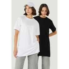 Bisiklet Yaka Yarım Kol Yırtmaçlı 2'li Uzun T-Shirt 963 Siyah/beyaz