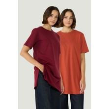 Bisiklet Yaka Yarım Kol Yırtmaçlı 2'li Uzun T-Shirt 963 Bordo/kiremit