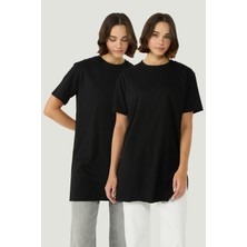 Bisiklet Yaka Yarım Kol Yırtmaçlı 2'li Uzun T-Shirt 963 Siyah