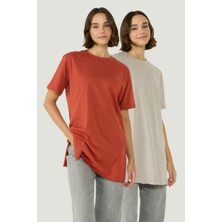 Bisiklet Yaka Yarım Kol Yırtmaçlı 2'li Uzun T-Shirt 963 Gri/kiremit