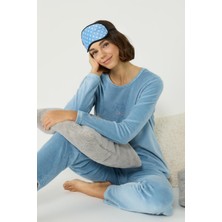 Kadife Bisiklet Yaka Uzun Kol Cepli Pijama Takım 403091 Mavi