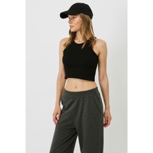 Kadın Halter Yaka Fitilli Esnek Crop Atlet 925 Siyah