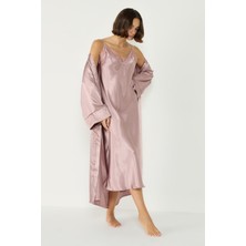 Dantel Detaylı Uzun Saten Gecelik 007 Vizon