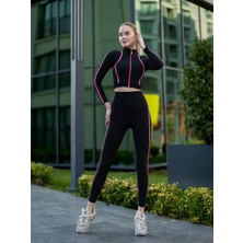 Lismina Neon Pembe Biye Detaylı Siyah Spor Tayt