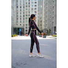 Lismina Neon Pembe Biye Detaylı Siyah Spor Tayt