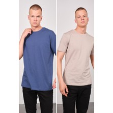 Erkek Bisiklet Yaka 2'li Oversize Basic T-Shirt 991 Indigo/gri