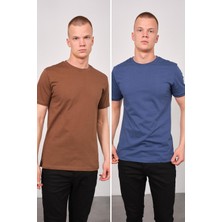 Erkek Bisiklet Yaka 2'li Regular Fit Basic T-Shirt 990 Kahverengi/indigo