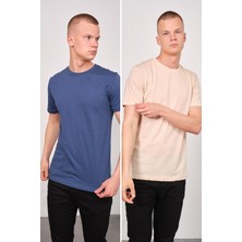 Erkek Bisiklet Yaka 2'li Regular Fit Basic T-Shirt 990 Indigo/bej