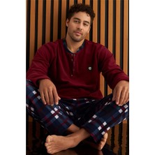Pijama Evi Bordo Lacivert Ekose Desenli Polar Erkek Pijama Takımı Rahat ve Şık Tasarım