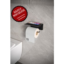 alfams by fmsa Metal Modern Banyo Tuvalet Wc Kağıtlık Peçetelik, Tuvalet Kağıdı Askısı, Raflı Telefonluk Siyah