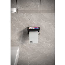 alfams by fmsa Metal Modern Banyo Tuvalet Wc Kağıtlık Peçetelik, Tuvalet Kağıdı Askısı, Raflı Telefonluk Siyah