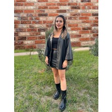 Siyah Kadın Oversize Şardonlu Suni Deri Ceket