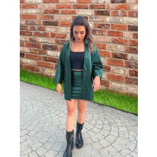 Zümrüt Yeşili Kadın Oversize Şardonlu Suni Deri Ceket