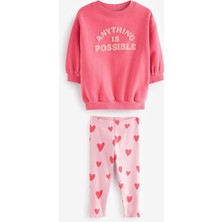 Kız Çocuk Pembe Süzene Sloganlı Kışlık 3 Iplik Pamuklu Sweatshirt Kalpli Tayt Alt-Üst Takım