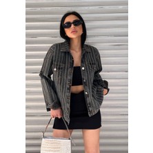 Yeni Sezon Tasarımpremium Taşlı Kol Detay Denim Ceket Gri