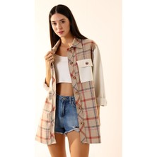 Kadın Kahve Ekru Ekose Oversize Oduncu Gömlek