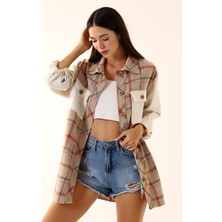 Kadın Kahve Ekru Ekose Oversize Oduncu Gömlek