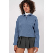 Kadın Indigo Mavi Yakası Fermuarlı Örme Sweatshirt HZL25W-BD1554491