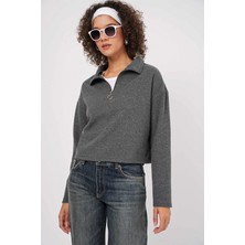 Kadın Antrasit Yakası Fermuarlı Örme Sweatshirt HZL25W-BD1554491