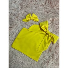 Na Addesign Kız Çocuk Tek Omuz Fiyonk Detaylı Sarı Yazlık Crop Bluz ve Tokası