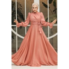 Bağlama Detaylı Bakır Tesettür Abiye Elbise 48051BKR