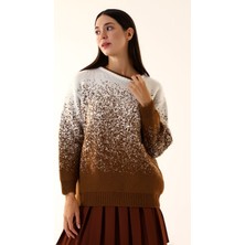 Union And Joy Kadın Desenli Kırık Beyaz Kahverengi Triko Kazak