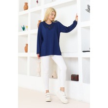 Kadın Mavi Likralı Uzun Kol Önü Desenli Anne Penye Bluz Anneler Günü Özel Gün