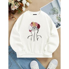 Softway Oversize Bisiklet Yaka Basic Colorful Hair Baskılı Sweatshirt - Ekru