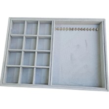 Özer Kutu 12 Bölmeli ve 15 Li Metal Zincir Askılı Kolye Ucu Küpe Yüzük Servis Tablası Süet Gri