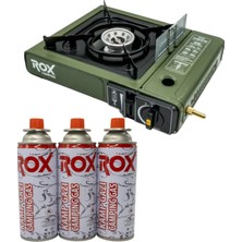 Rox Camping Tekli Portatif Kamp Ocak Yeşil (Ekstra Gaz Girişli) - 3 Adet Rox Valfli Kamp Gazı Kartuş 227GR