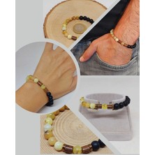 Yaşam Tohumu Opal Sarı Alacalı Renk & Oniks Taşı 8mm  Tasarım Bileklik Hawaii Model (36135)