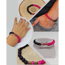 Yaşam Tohumu Ahşap Pembe Renkli & Oniks Taşı 8mm  Tasarım Bileklik Hawaii Model (11103)