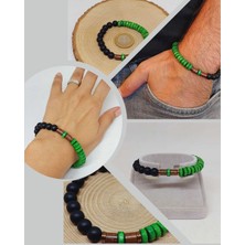 Yaşam Tohumu Ahşap Yeşil Renkli & Oniks Taşı 8mm  Tasarım Bileklik Hawaii Model (11121)