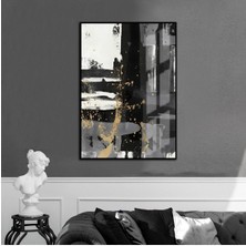 Harikabirev gold-Siyah-Gri Abstract Desenli Model 2 |çerçeveli Temperli Cam Tablo Tekli Dikey