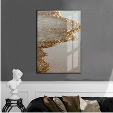 Harikabirev |krem-Gold-Pembe Soyut  Model 02 |çerçeveli Temperli Cam Tablo Tekli Dikey