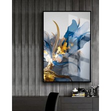 Harikabirev |mavi-Gold Çiçek Desenli Model 1 |çerçeveli Temperli Cam Tablo Tekli Dikey
